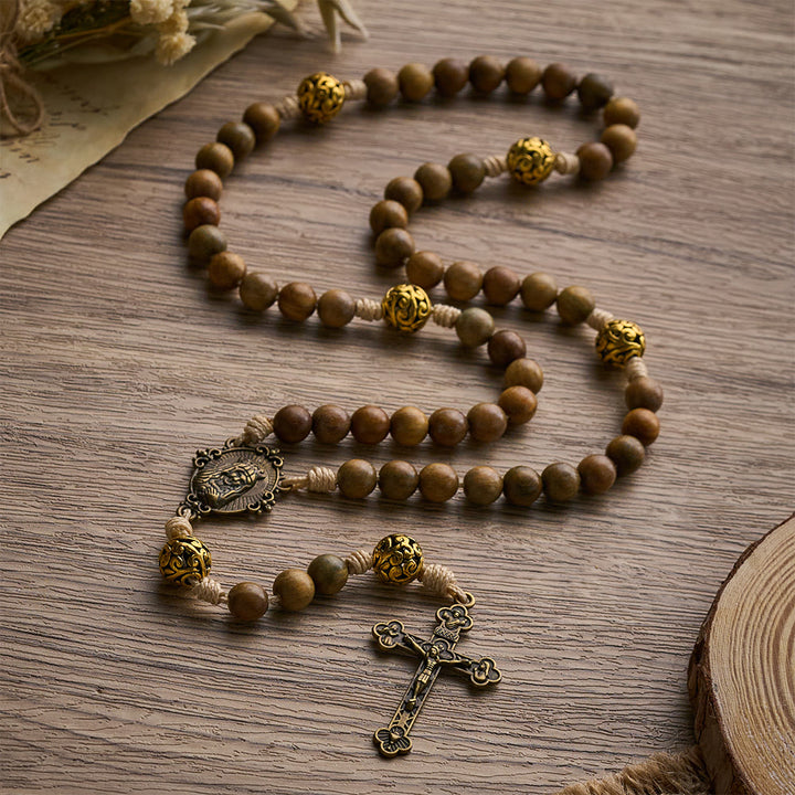 SolaceBeads Natural Sandalwood Rosary, Antique Metal Beads &amp; Crucifix Pendant: Meaningful Daily Accessory - image 2