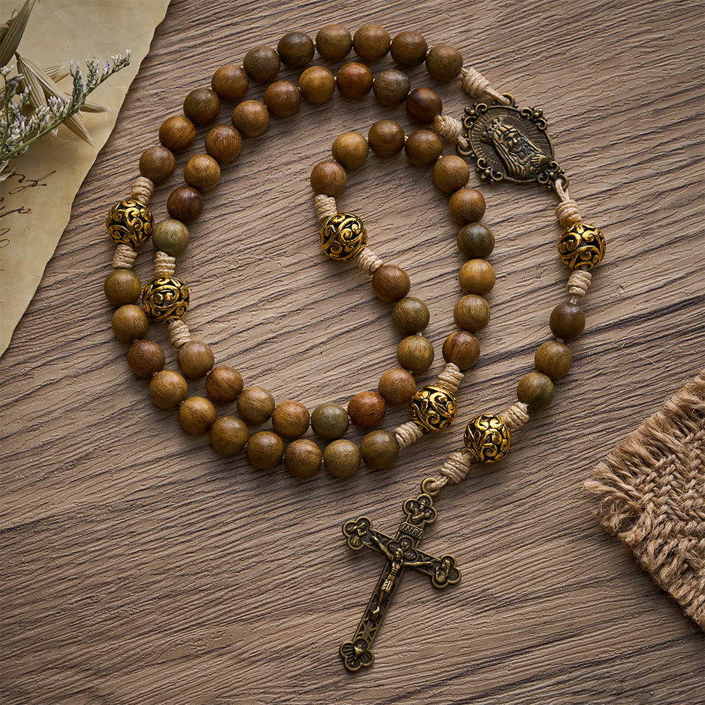 SolaceBeads Natural Sandalwood Rosary, Antique Metal Beads & Crucifix Pendant: Meaningful Daily Accessory - Babi Sandalwood - image 0