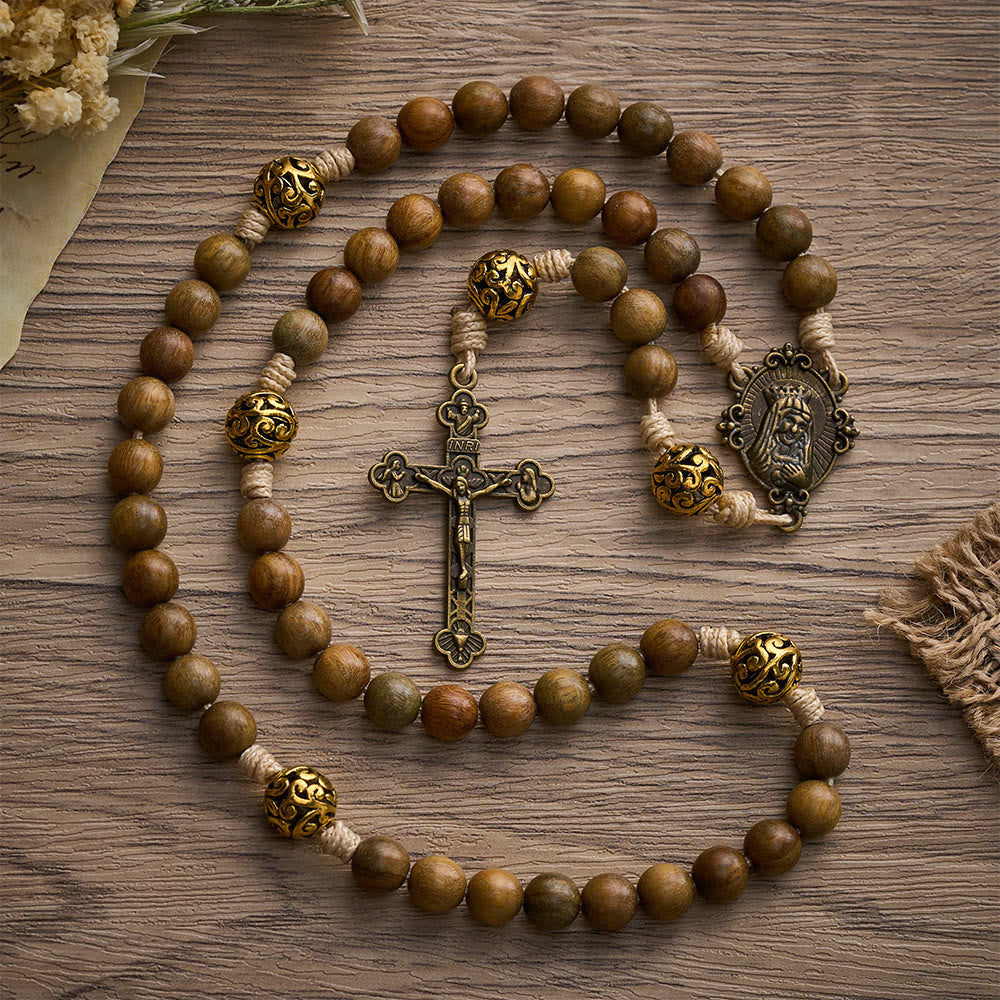 SolaceBeads Natural Sandalwood Rosary, Antique Metal Beads &amp; Crucifix Pendant: Meaningful Daily Accessory - image 4