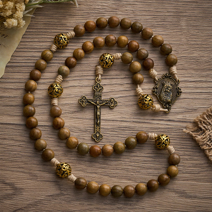 SolaceBeads Natural Sandalwood Rosary, Antique Metal Beads &amp; Crucifix Pendant: Meaningful Daily Accessory - image 4