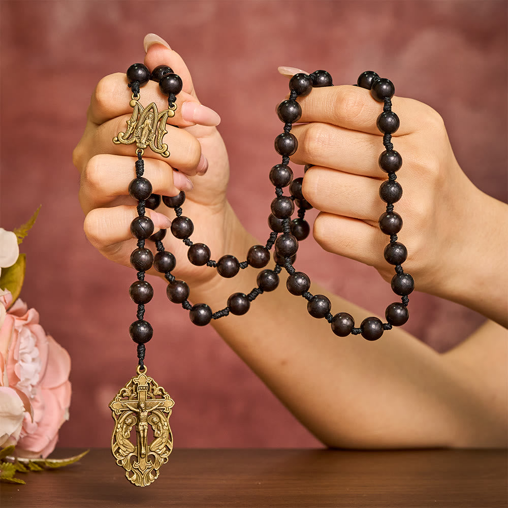 SolaceBeads Hand-Knotted Wood Rosary, 8mm or 10mm Ebony Wood Beads: Rustic Devotional Keepsake - image 1
