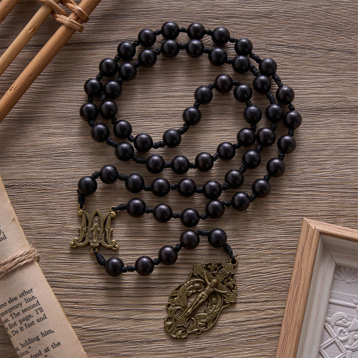 SolaceBeads Hand-Knotted Wood Rosary, 8mm or 10mm Ebony Wood Beads: Rustic Devotional Keepsake - 10mm EbonyWood Beads - image 0