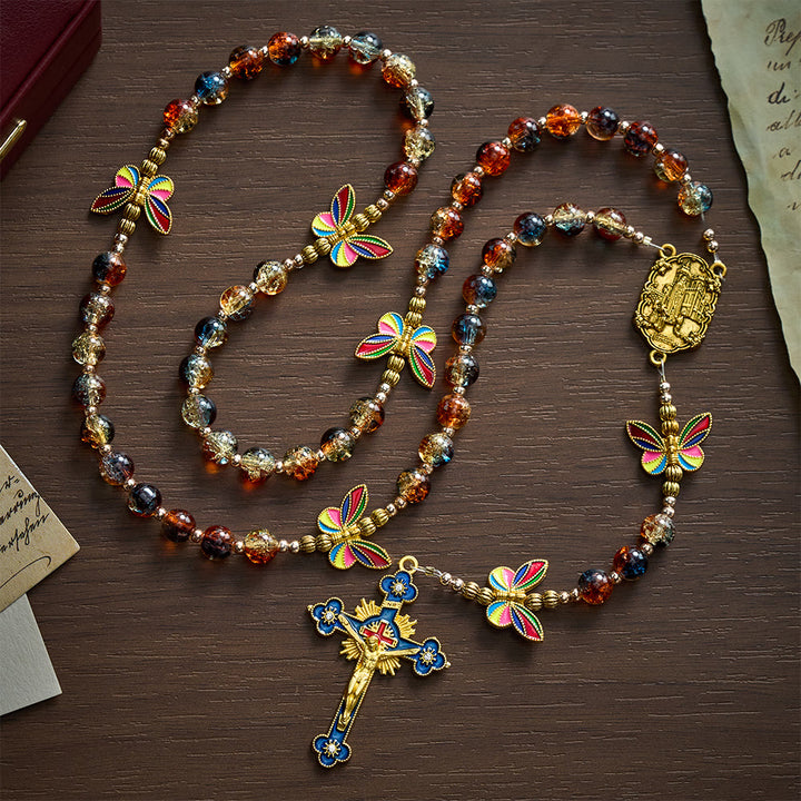 Solacebeads Rainbow Butterfly Multicolor Glass Rosary With Enamel Crucifix: Rooted In Sacred Peace - Multi-Colored - image 0