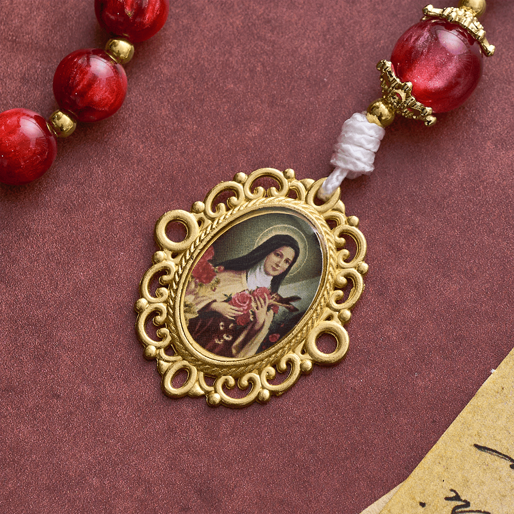 Solacebeads Shimmer Red Beads St. Therese Rosary Chaplet With Medal: Rooted In Little Flower Grace - image 4