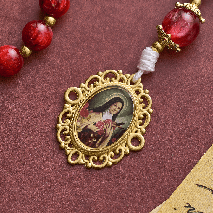 Solacebeads Shimmer Red Beads St. Therese Rosary Chaplet With Medal: Rooted In Little Flower Grace - image 4