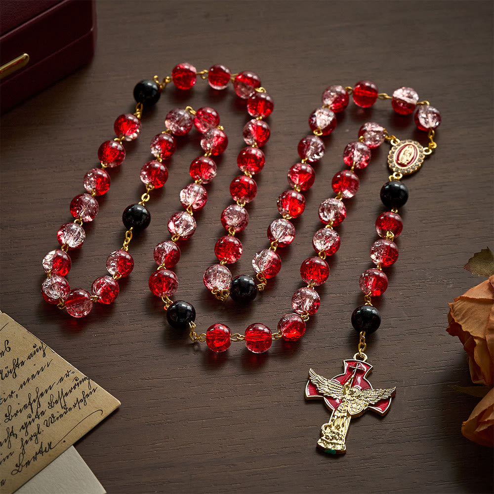 Solacebeads Crackle Red Beads Glass Rosary  With Archangel Crucifix: Rooted In Sacred Redemption - image 5