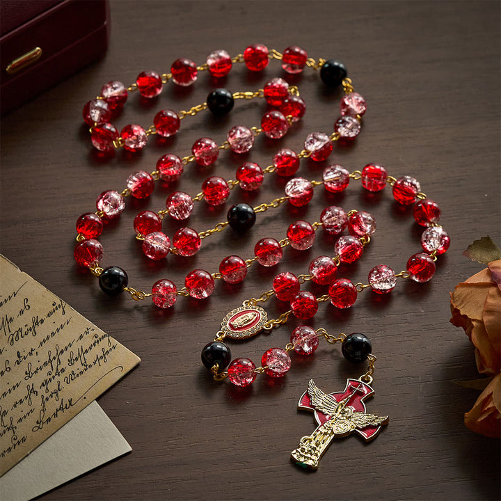 Solacebeads Crackle Red Beads Glass Rosary  With Archangel Crucifix: Rooted In Sacred Redemption - image 6