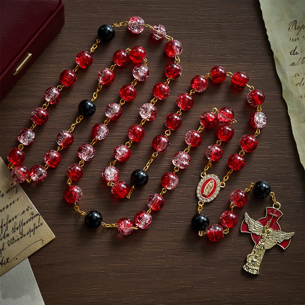 Solacebeads Crackle Red Beads Glass Rosary  With Archangel Crucifix: Rooted In Sacred Redemption - Red - image 0
