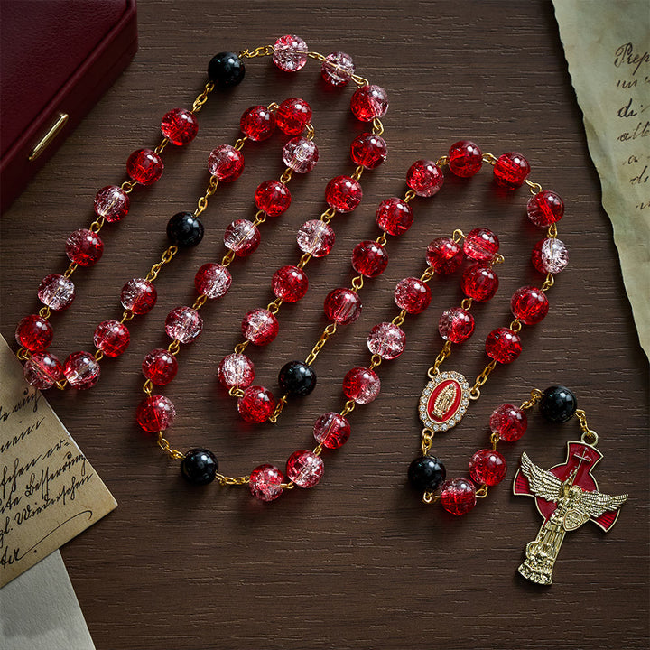 Solacebeads Crackle Red Beads Glass Rosary  With Archangel Crucifix: Rooted In Sacred Redemption - Red - image 0