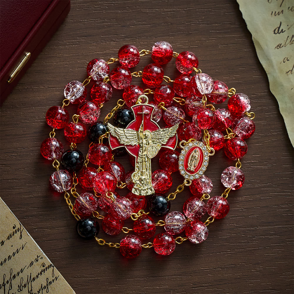 Solacebeads Crackle Red Beads Glass Rosary  With Archangel Crucifix: Rooted In Sacred Redemption - image 4
