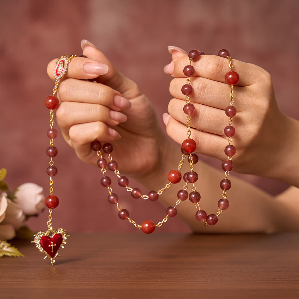 SolaceBeads Strawberry Quartz &amp; Red Agate Stone Rosary With Red Design: Rooted in Sacred Heart Grace - image 1