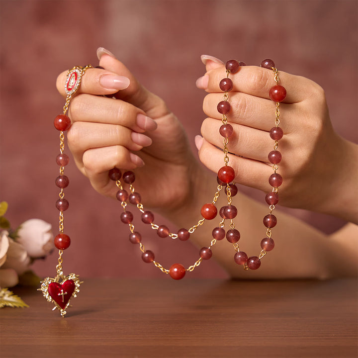 SolaceBeads Strawberry Quartz &amp; Red Agate Stone Rosary With Red Design: Rooted in Sacred Heart Grace - image 1