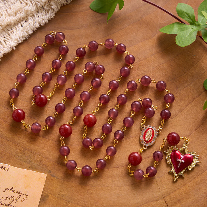 SolaceBeads Strawberry Quartz &amp; Red Agate Stone Rosary With Red Design: Rooted in Sacred Heart Grace - Red - image 0