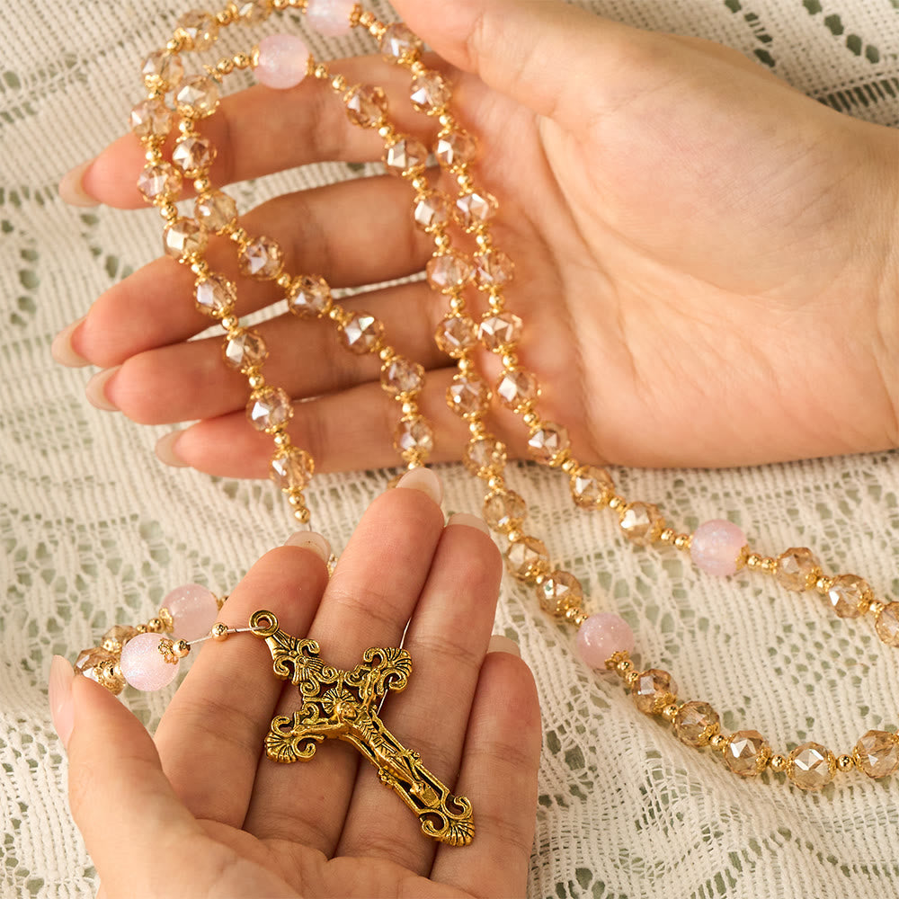 Solacebeads Blush Amber Champagne Crystal Rosary With Gold Emblems: Rooted In Maria Gentle Devotion - image 2