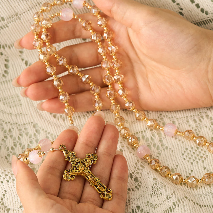 Solacebeads Blush Amber Champagne Crystal Rosary With Gold Emblems: Rooted In Maria Gentle Devotion - image 2