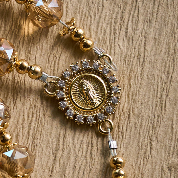 Solacebeads Blush Amber Champagne Crystal Rosary With Gold Emblems: Rooted In Maria Gentle Devotion - image 4