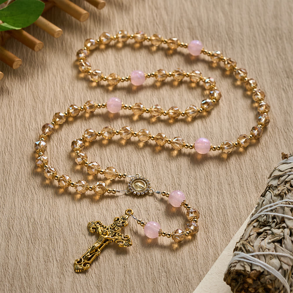 Solacebeads Blush Amber Champagne Crystal Rosary With Gold Emblems: Rooted In Maria Gentle Devotion - image 8
