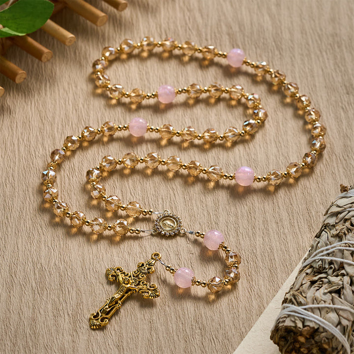 Solacebeads Blush Amber Champagne Crystal Rosary With Gold Emblems: Rooted In Maria Gentle Devotion - image 8