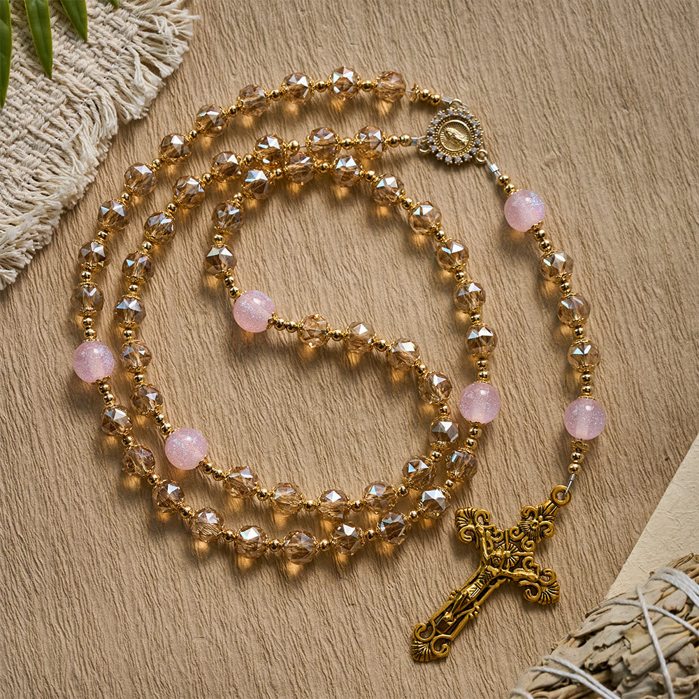 Solacebeads Blush Amber Champagne Crystal Rosary With Gold Emblems: Rooted In Maria Gentle Devotion - Amber - image 0