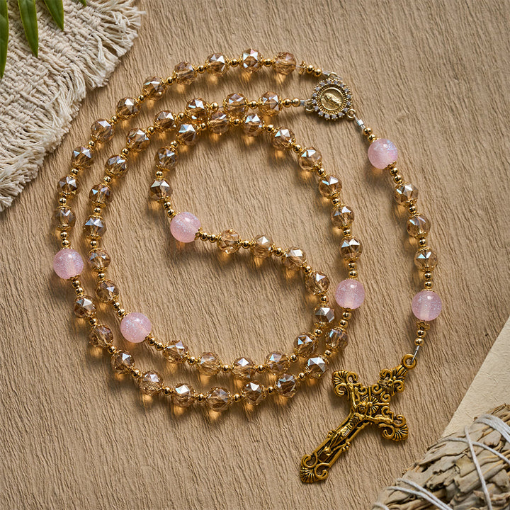 Solacebeads Blush Amber Champagne Crystal Rosary With Gold Emblems: Rooted In Maria Gentle Devotion - Amber - image 0