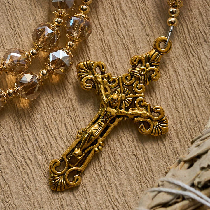 Solacebeads Blush Amber Champagne Crystal Rosary With Gold Emblems: Rooted In Maria Gentle Devotion - image 5