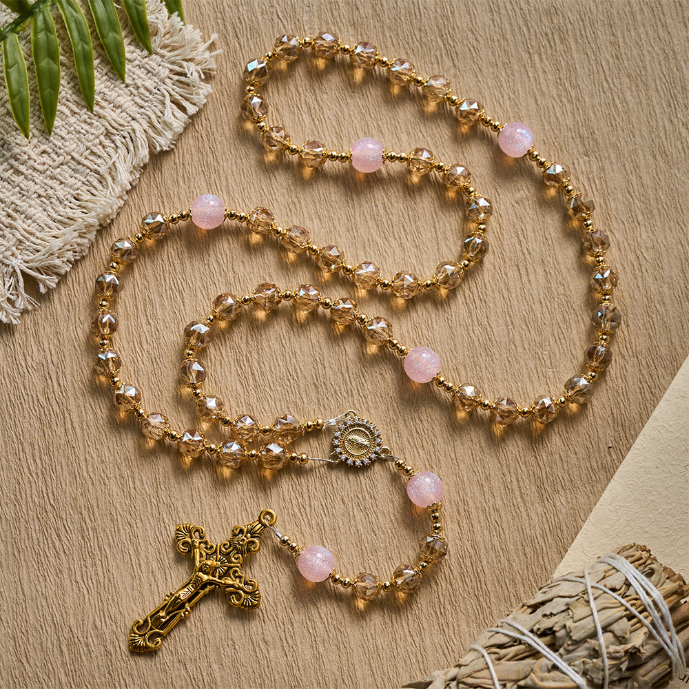 Solacebeads Blush Amber Champagne Crystal Rosary With Gold Emblems: Rooted In Maria Gentle Devotion - image 7
