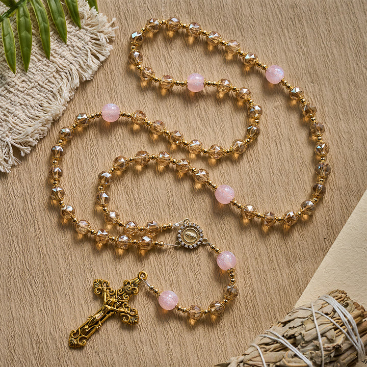 Solacebeads Blush Amber Champagne Crystal Rosary With Gold Emblems: Rooted In Maria Gentle Devotion - image 7