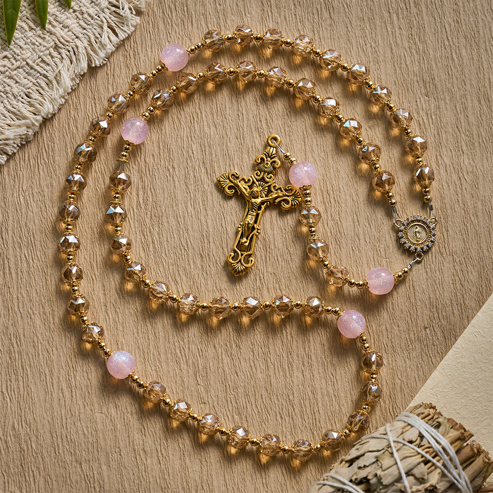 Solacebeads Blush Amber Champagne Crystal Rosary With Gold Emblems: Rooted In Maria Gentle Devotion - image 6