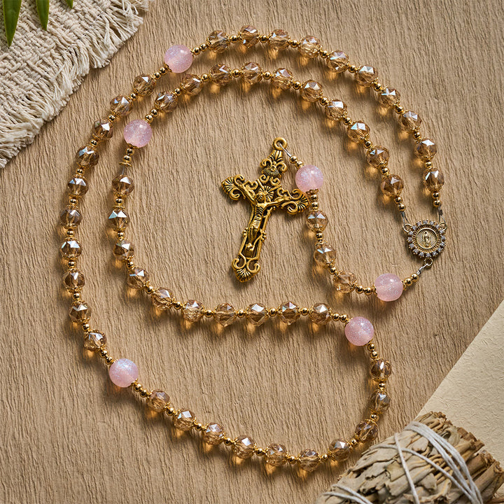 Solacebeads Blush Amber Champagne Crystal Rosary With Gold Emblems: Rooted In Maria Gentle Devotion - image 6