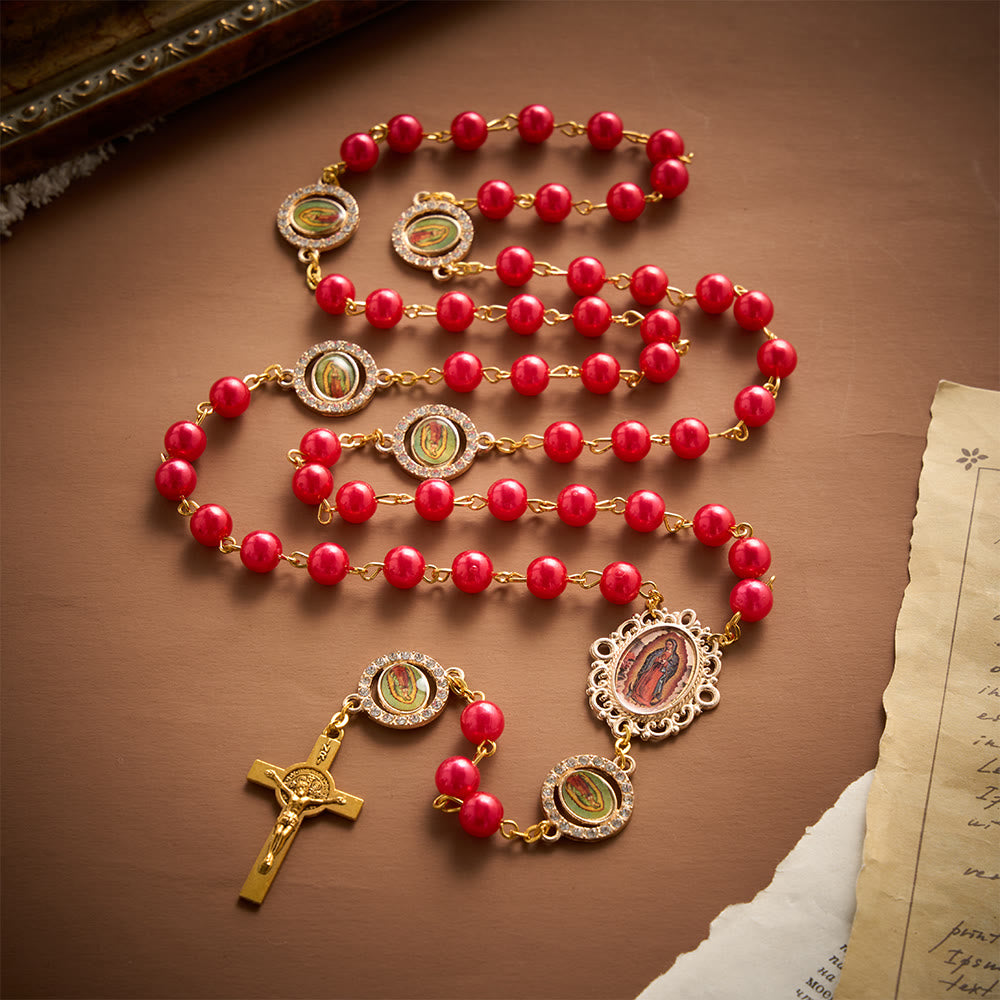 Solacebeads Red Pearl Beads Guadalupe Artistic Rosary With Guadalupe Set: Rooted In Marian Blessing - Red - image 0
