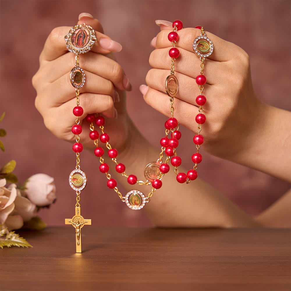 Solacebeads Red Pearl Beads Guadalupe Artistic Rosary With Guadalupe Set: Rooted In Marian Blessing - image 1