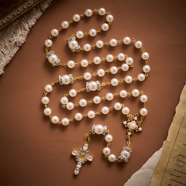 Solacebeads Sparkle Pearl Artistic Rosary With Silver Crystal Accents: Rooted In Pure Marian Grace - White - image 0