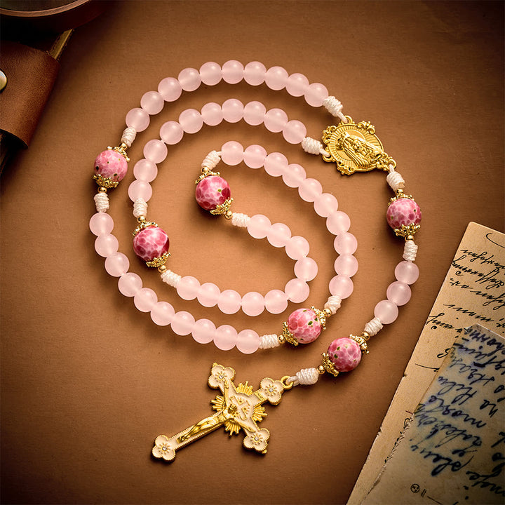 Solacebeads Pink Floral Artistic Rosary With Madonna &amp; Child Medal: Rooted In Marian Gentle Grace - Pink - image 0