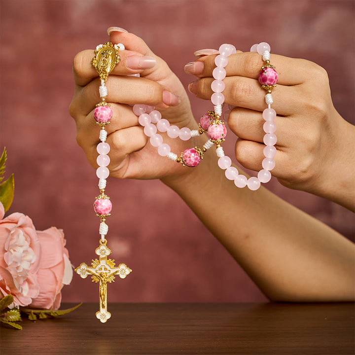  Solacebeads Pink Floral Artistic Rosary With Madonna &amp; Child Medal: Rooted In Marian Gentle Grace - image 1