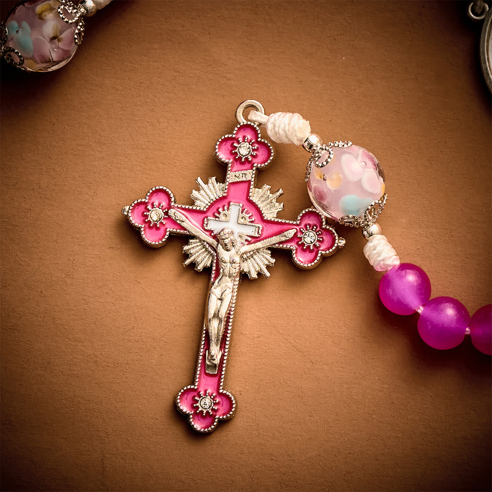 Solacebeads Magenta Floral Artistic Rosary With Pink Crucifix: Rooted In Our Lady Of Fatima Blessing - image 4