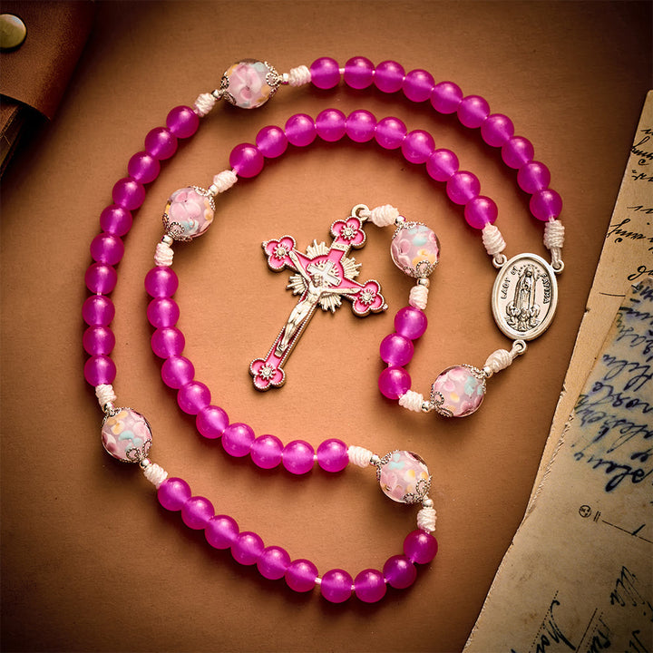 Solacebeads Magenta Floral Artistic Rosary With Pink Crucifix: Rooted In Our Lady Of Fatima Blessing - image 6