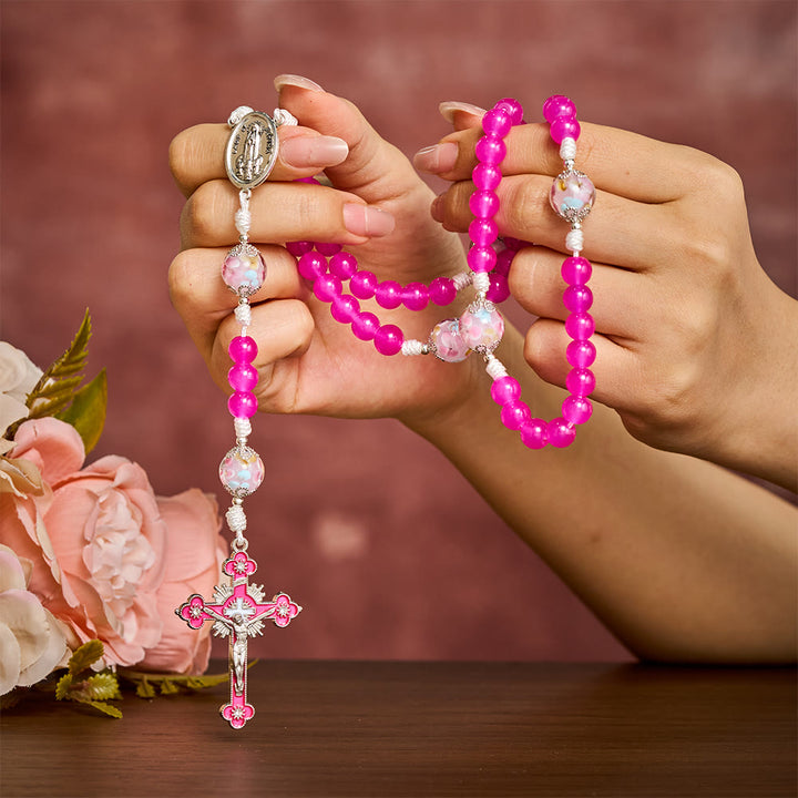 Solacebeads Magenta Floral Artistic Rosary With Pink Crucifix: Rooted In Our Lady Of Fatima Blessing - image 1