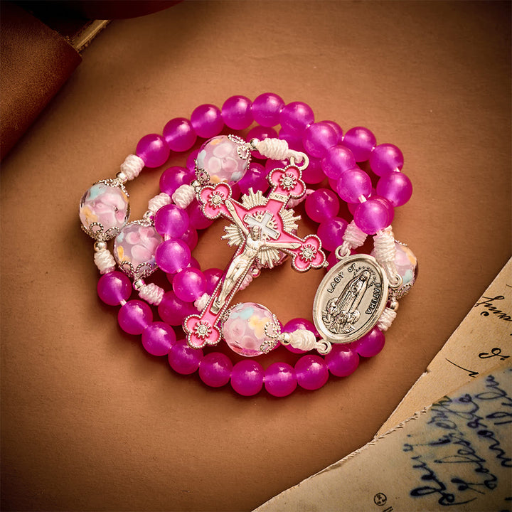 Solacebeads Magenta Floral Artistic Rosary With Pink Crucifix: Rooted In Our Lady Of Fatima Blessing - image 5