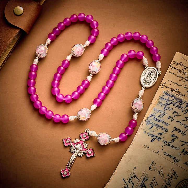 Solacebeads Magenta Floral Artistic Rosary With Pink Crucifix: Rooted In Our Lady Of Fatima Blessing - image 7