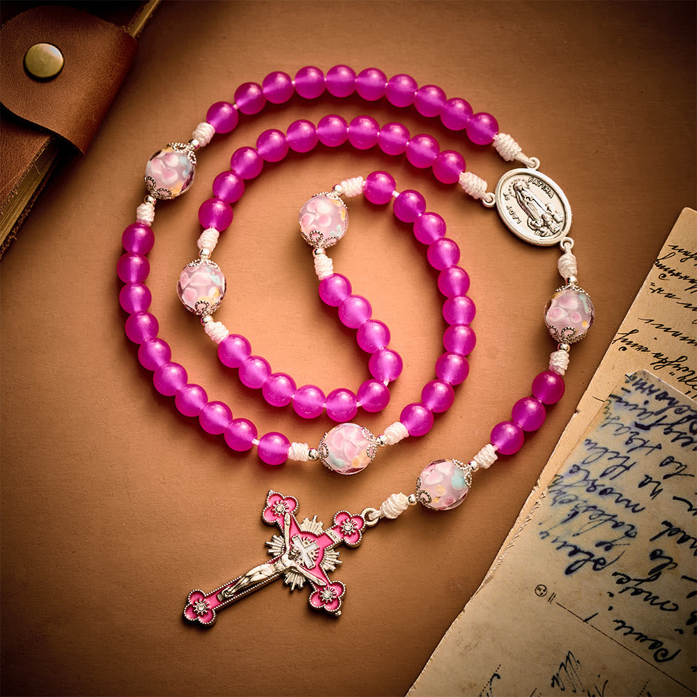 Solacebeads Magenta Floral Artistic Rosary With Pink Crucifix: Rooted In Our Lady Of Fatima Blessing - Pink - image 0