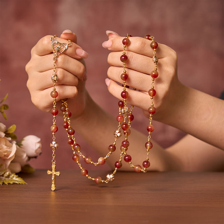 Solacebeads Mixed Chalcedony Rosary With Sacred Heart Medal &amp; Crucifix: The Devotion Of Sacred Heart - image 1