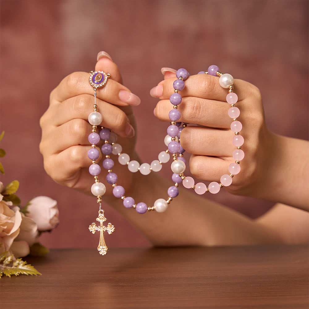 Solacebeads Multi-tone Stone Rosary With Medal &amp; Crucifix: Rooted In Guadalupe Marian Blessing - image 1