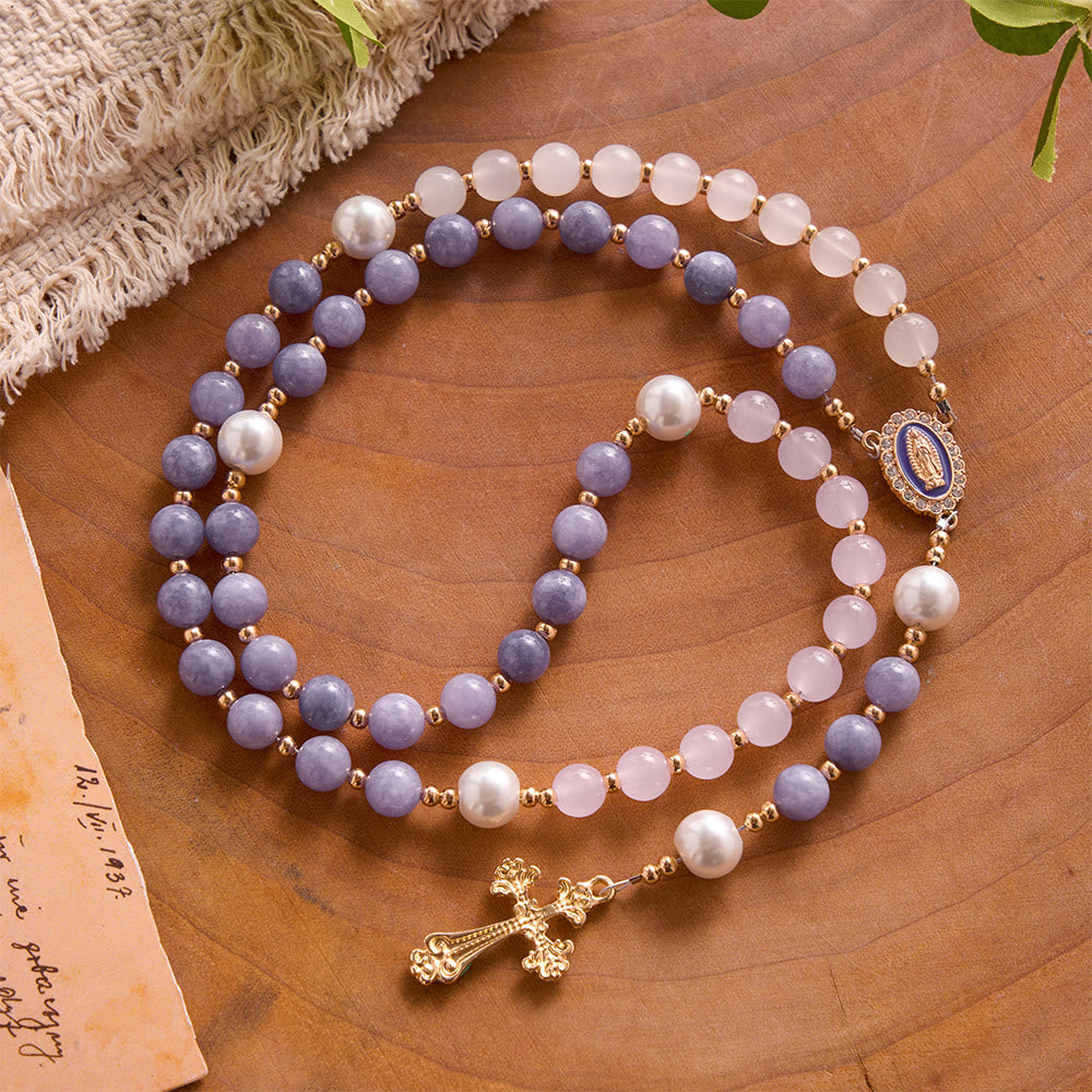 Solacebeads Multi-tone Stone Rosary With Medal &amp; Crucifix: Rooted In Guadalupe Marian Blessing - Multi-Tone - image 0