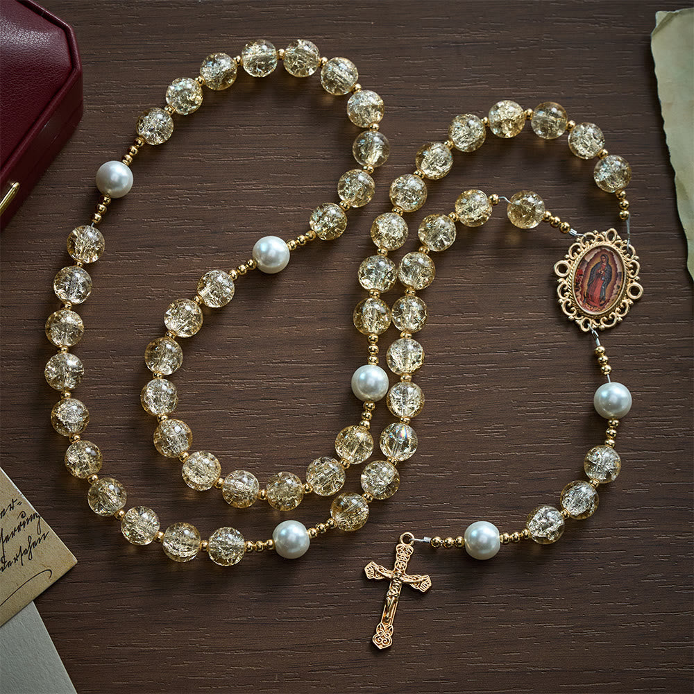  Solacebeads Champagne Crackle Glass Rosary With Gilded Crucifix: Rooted In Guadalupe Sacred Grace - image 3