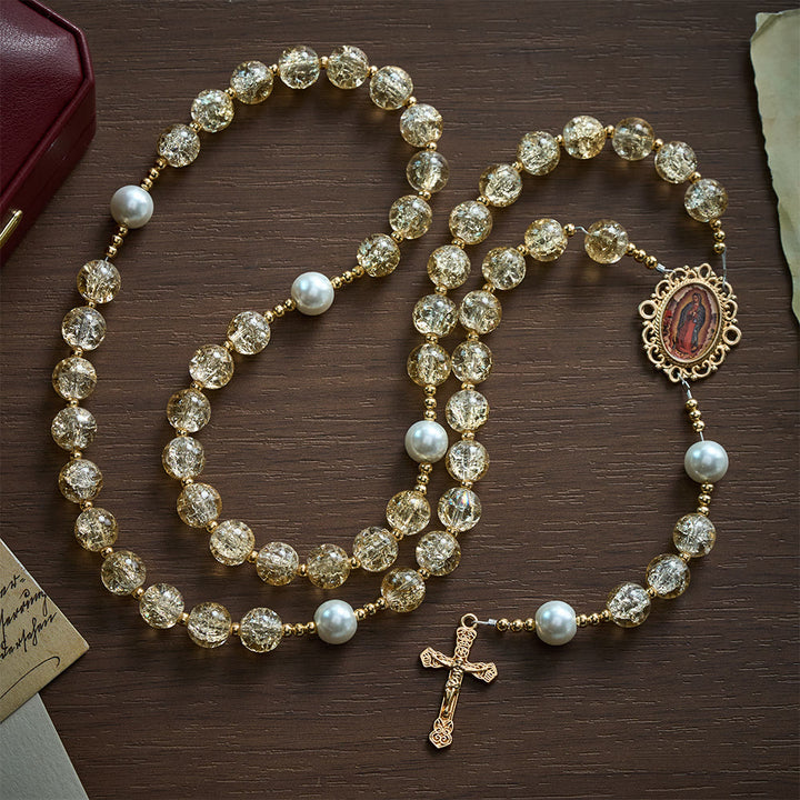  Solacebeads Champagne Crackle Glass Rosary With Gilded Crucifix: Rooted In Guadalupe Sacred Grace - image 3