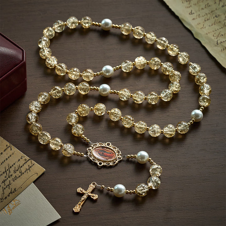  Solacebeads Champagne Crackle Glass Rosary With Gilded Crucifix: Rooted In Guadalupe Sacred Grace - Champagne Gold - image 0