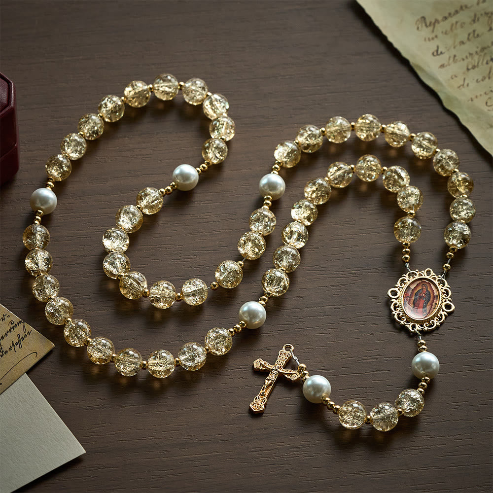  Solacebeads Champagne Crackle Glass Rosary With Gilded Crucifix: Rooted In Guadalupe Sacred Grace - image 4