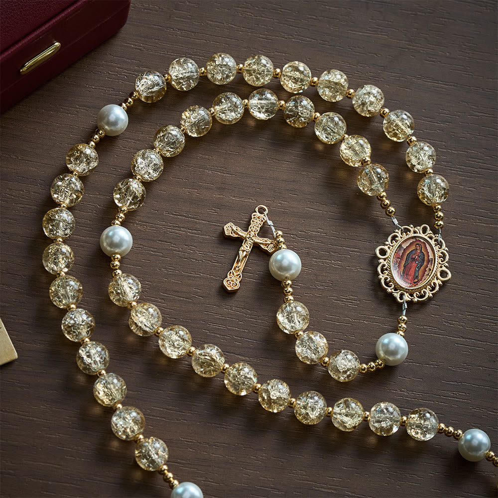  Solacebeads Champagne Crackle Glass Rosary With Gilded Crucifix: Rooted In Guadalupe Sacred Grace - image 2