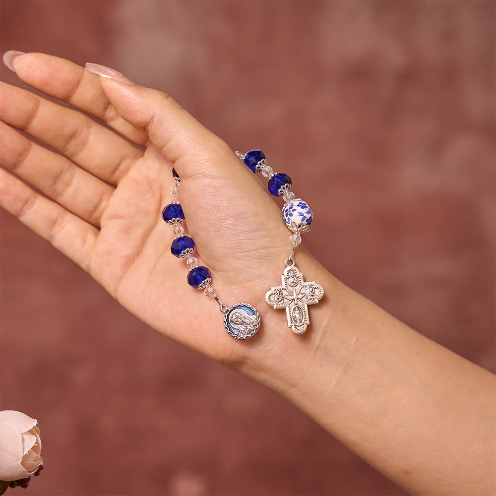 SolaceBeads Blue Faceted Crystal &amp; Floral Ceramic Beads Chaplet——Portrait Medal &amp; 4-Way Silver Cross - image 1