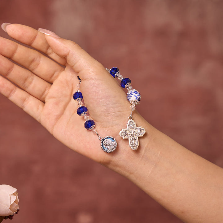 SolaceBeads Blue Faceted Crystal &amp; Floral Ceramic Beads Chaplet——Portrait Medal &amp; 4-Way Silver Cross - image 1